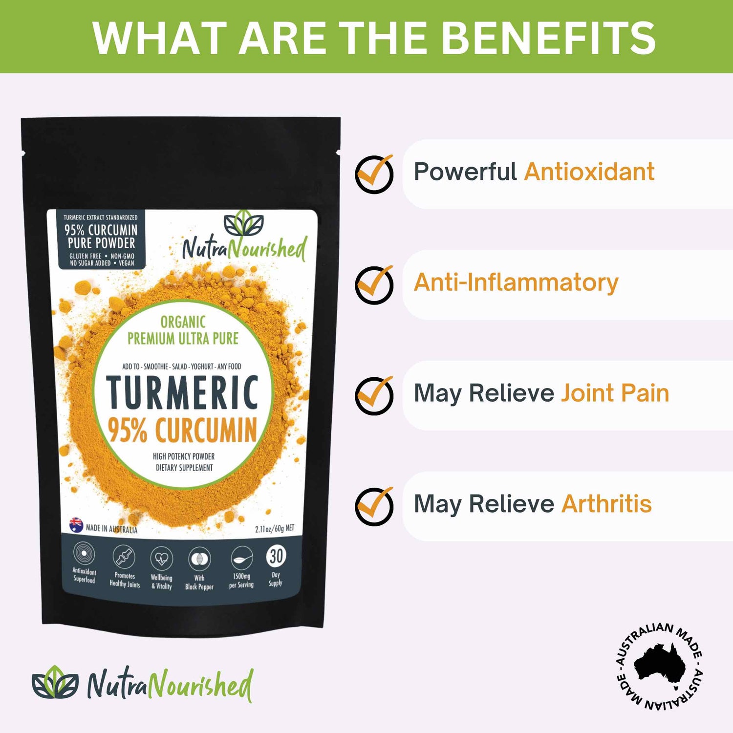 Pure Organic 95% Curcumin Powder (60g/1 month supply) - 1500mg of Turmeric Extract Buffered with Black Pepper