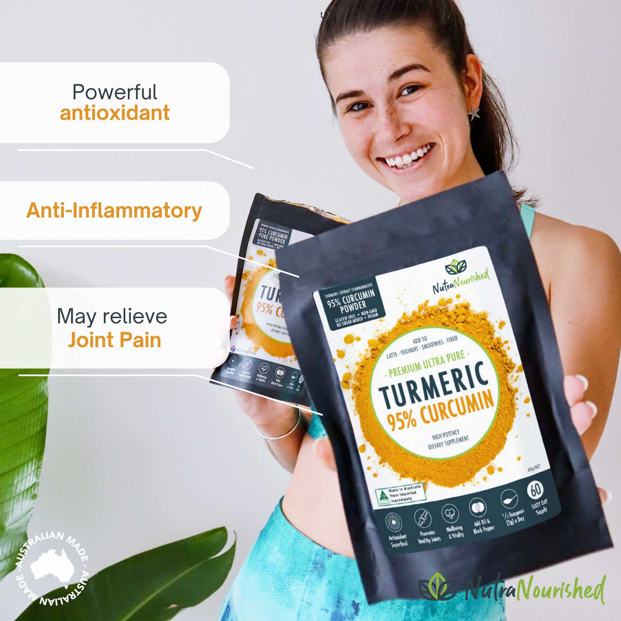 Pure Organic 95% Curcumin Powder (60g/1 month supply) - 1500mg of Turmeric Extract Buffered with Black Pepper
