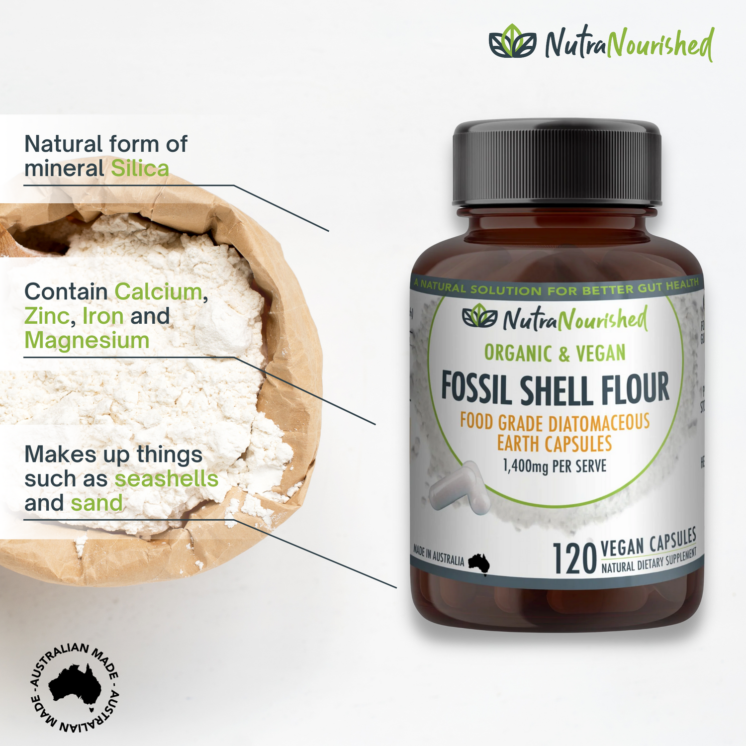 Fossil Shell Flour Capsules (vegan)- Food Grade Diatomaceous Earth 120 caps