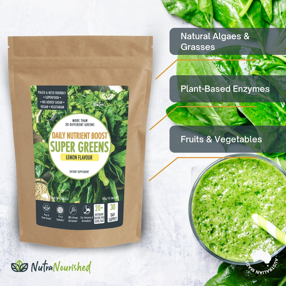 Super Greens Powder - Energising Superfood Blend - Nutrients and Vitamins of 20 Greens - 300g