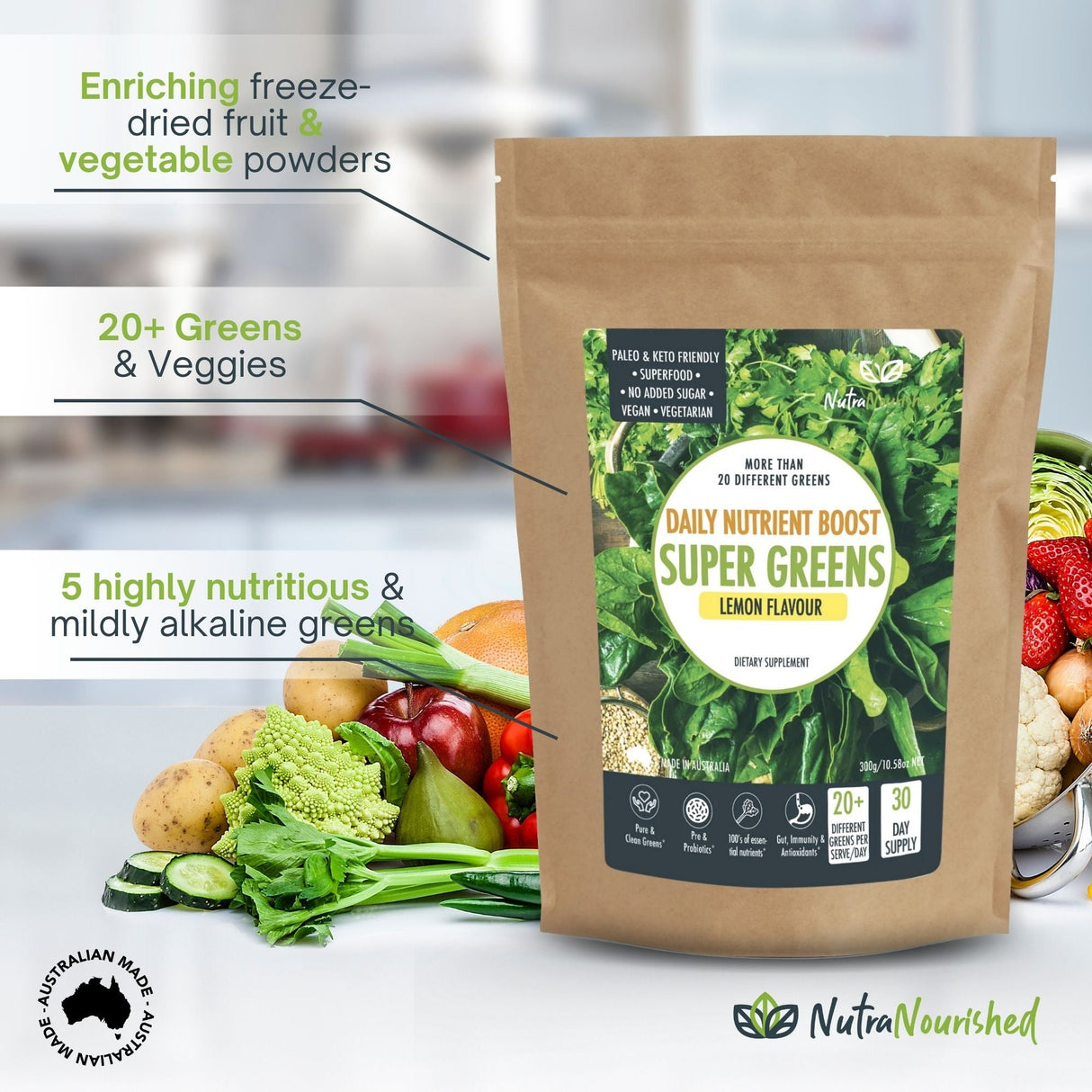 Super Greens Powder - Energising Superfood Blend - Nutrients and Vitamins of 20 Greens - 300g