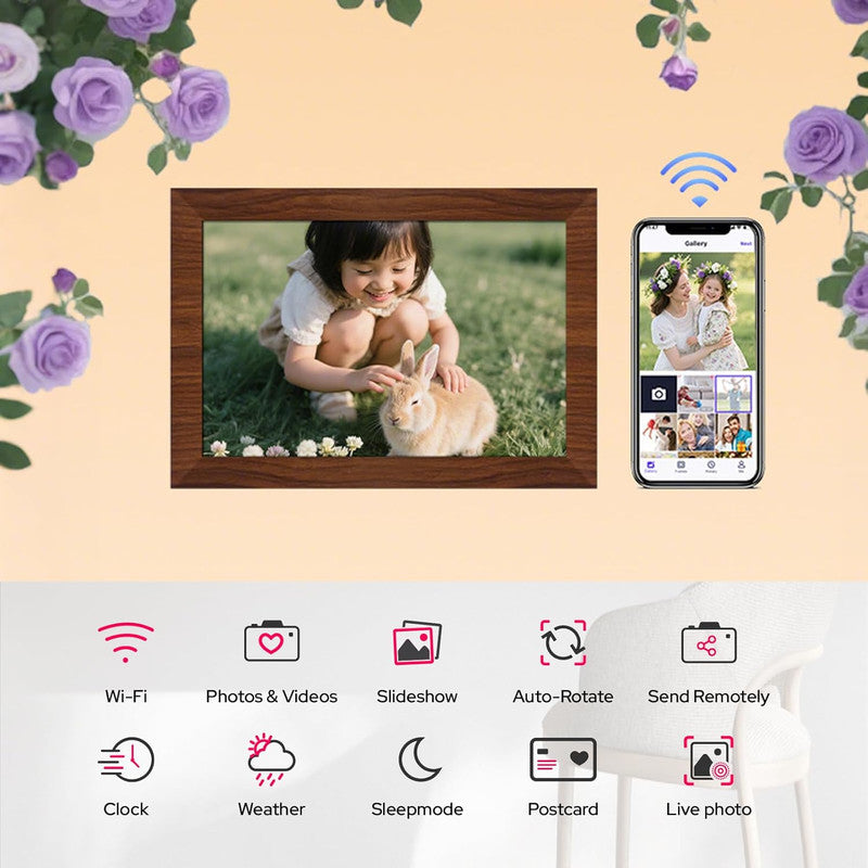 10.1 Inch Digital Picture Frame - 1280 * 800 HD WiFi Enabled with Load from Phone Capability, 32GB Memory Touch Screen Photo Display Brown