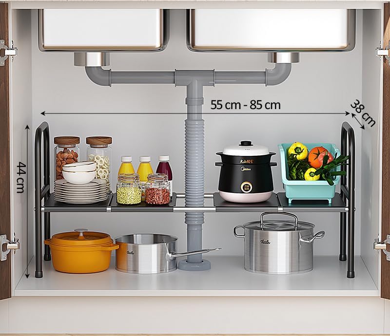 Extendable Storage Rack Under Sink Shelf  Kitchen Organizer black