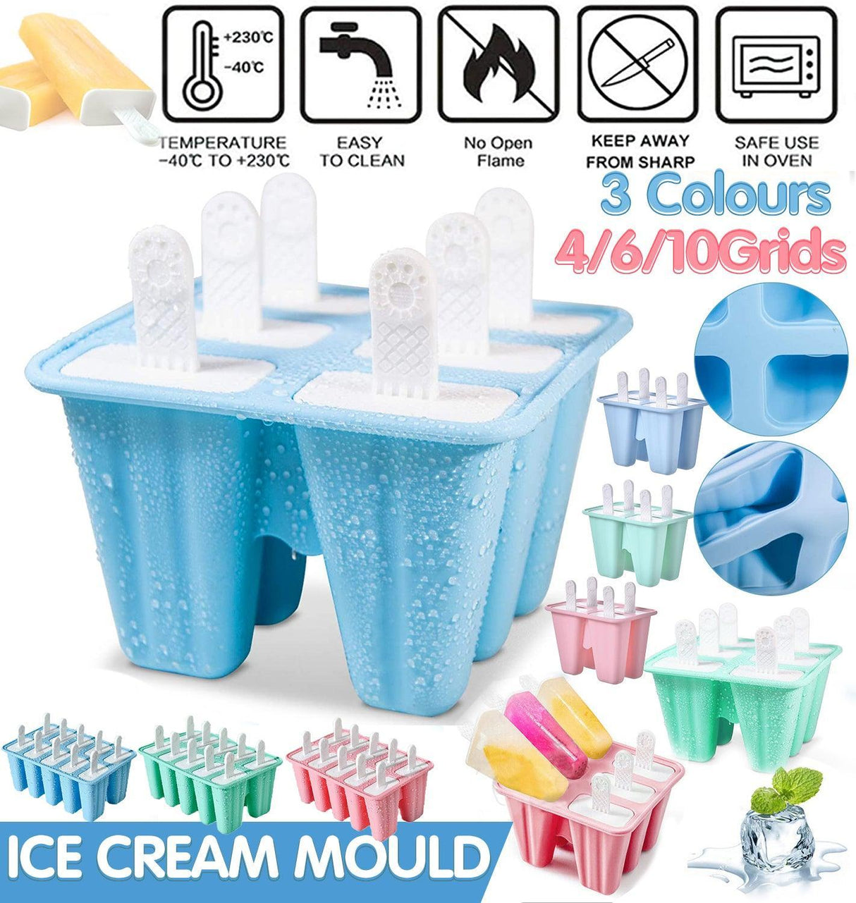 Silicone Ice Cream Mould Block Frozen Molds Icy Pole Jelly Popsicle - Blue-10Grid