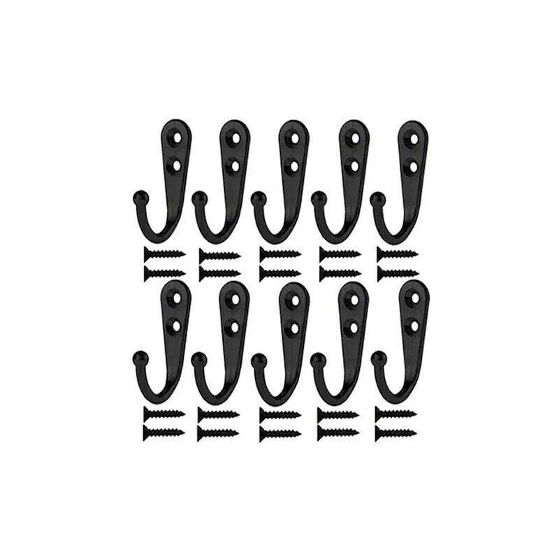 10Pcs Wall Hooks Heavy Duty Coat Hat Robe Hanger Double Hole Zinc Alloy Vintage - Black