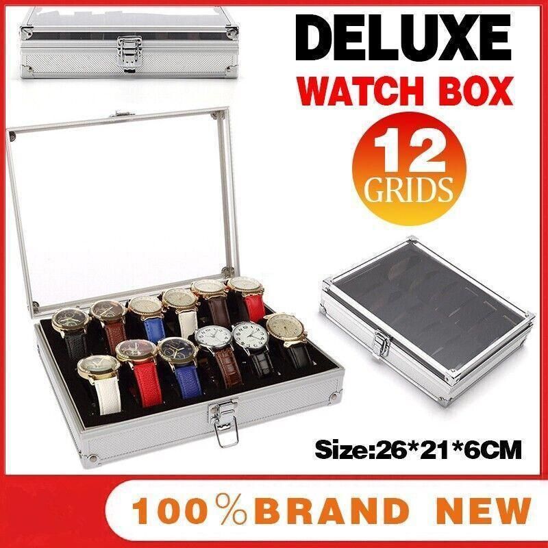 12 Grids Carbon Fiber Aluminum Watch Box Storage Case Holder Display