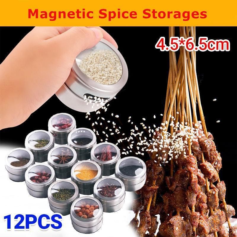 12PCS Magnetic Stainless Steel Spice Containers with Clear Lids for Kitchen Storage
