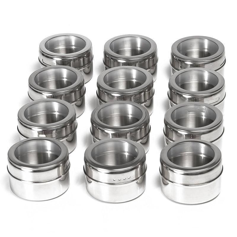 12PCS Magnetic Stainless Steel Spice Containers with Clear Lids for Kitchen Storage