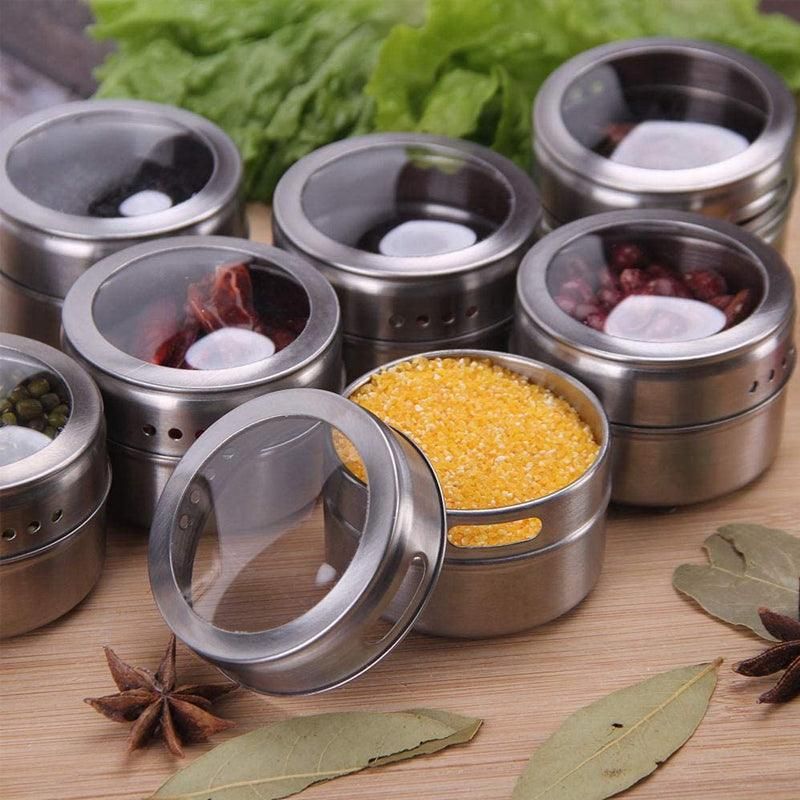 12PCS Magnetic Stainless Steel Spice Containers with Clear Lids for Kitchen Storage