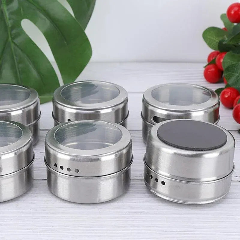 12PCS Magnetic Stainless Steel Spice Containers with Clear Lids for Kitchen Storage