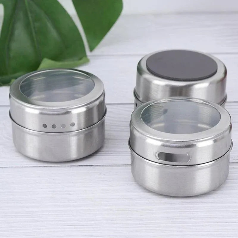12PCS Magnetic Stainless Steel Spice Containers with Clear Lids for Kitchen Storage