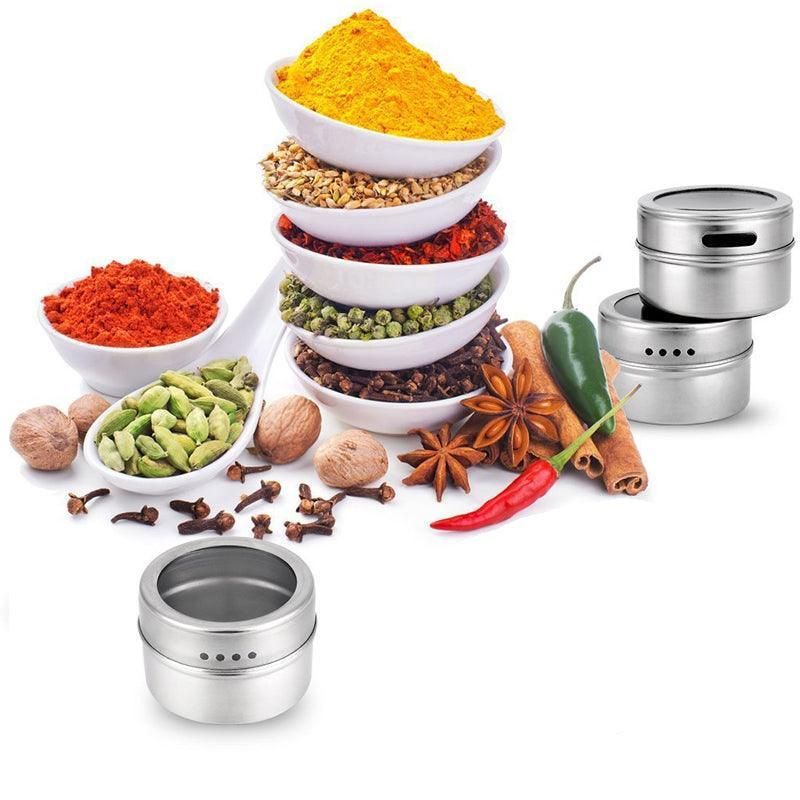 12PCS Magnetic Stainless Steel Spice Containers with Clear Lids for Kitchen Storage