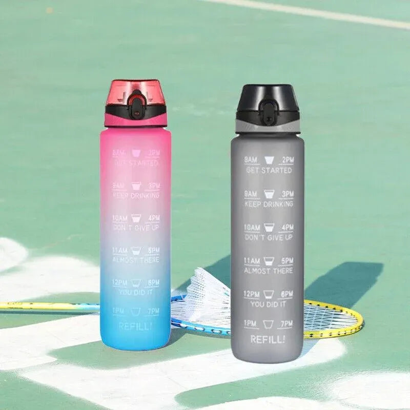 1L Water Bottle Motivational Drink Flask With Time Markings Bpa Free Sport Gym - Blue+Purple