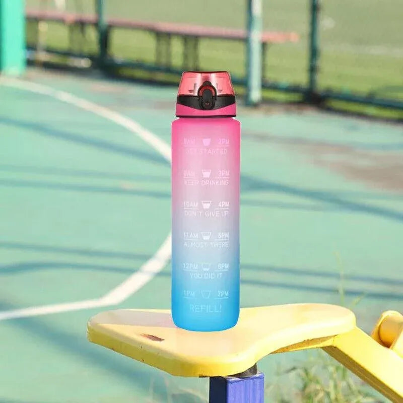 1L Water Bottle Motivational Drink Flask With Time Markings Bpa Free Sport Gym - Blue+Purple