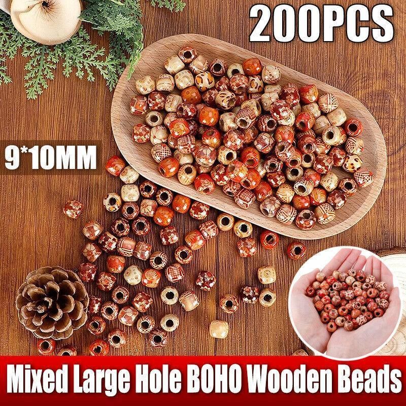200Pcs Mixed Large Hole Boho Wooden Beads For Macrame European Charms Diy Crafts
