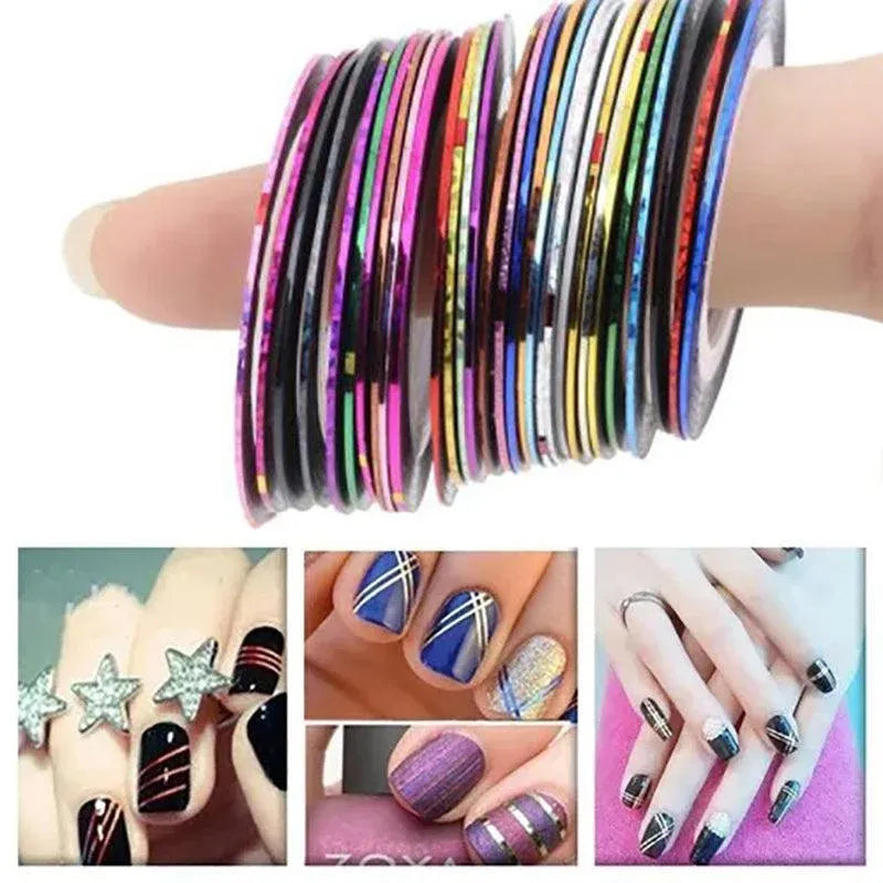 32Pcs Nail Striping Tape Metallic Laser Line Sticker Rolls Manicure Diy Mixed Au