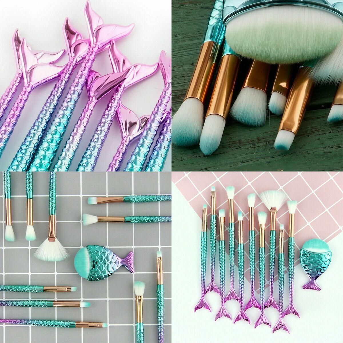 11 X Mermaid Makeup Brushes Set Fish Tail Foundation Eyeshadow Cosmetic Brush Au