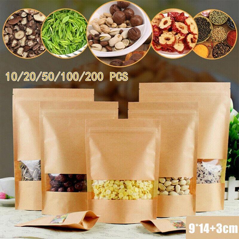 10-200x 9*14+3cm Stand Up Bag Kraft Paper Seal Packaging Window Zip Lock Pouch - 10 PCS