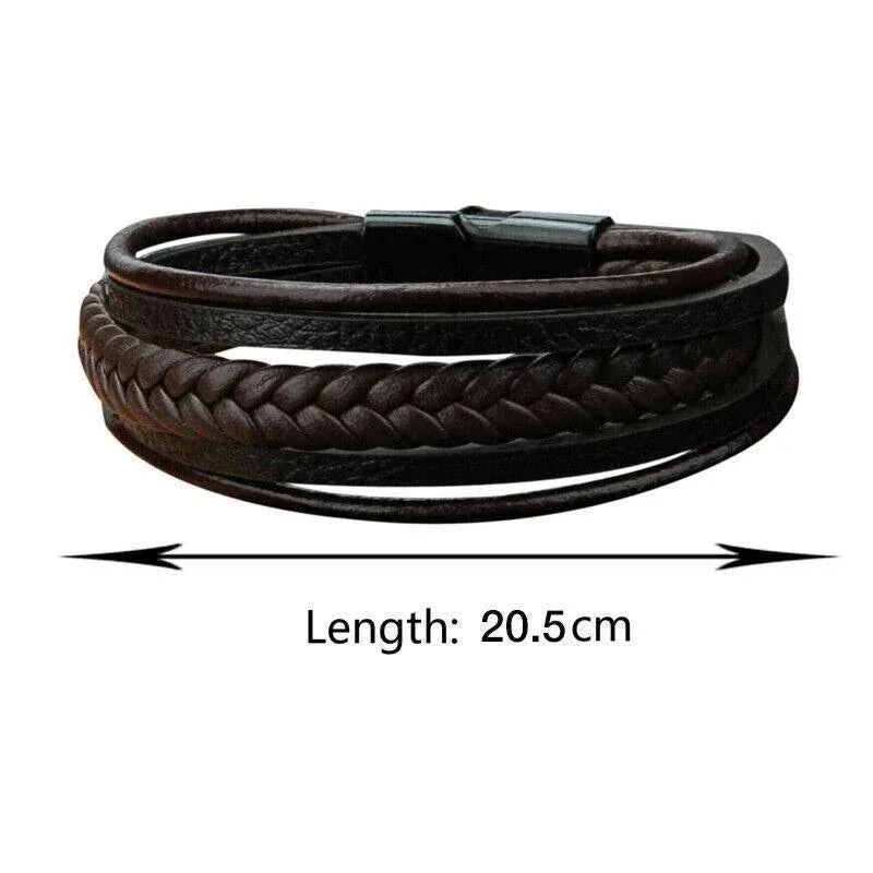 Men Stainless Steel Buckle Leather Bracelet Bangle Cuff Vintage Wristband Rope - Coffee&Silver