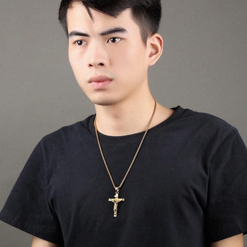 Men Stainless Steel Gold Silver Black Jesus Crucifix Pendant Chain Necklace Gold&Black - with 3*55cm rolo chain