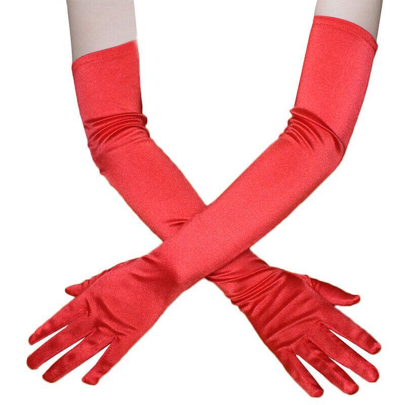 Elegant Long Satin Evening Gloves Formal Dress Accessory for Opera Prom Party Women - Red