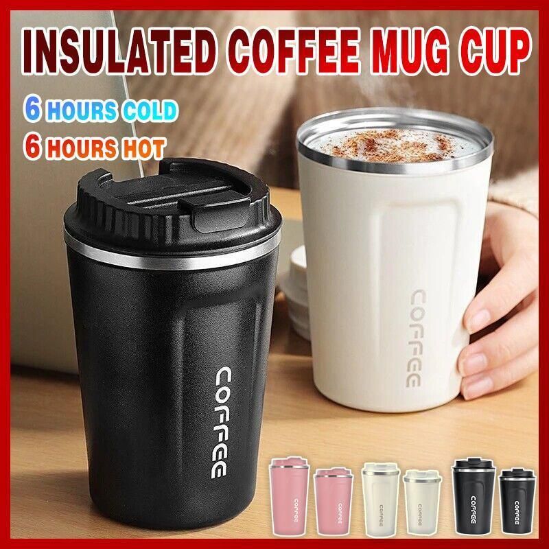 Insulated Coffee Mug Vacuum Travel Cup Thermal Stainless Steel Flask Reusable 380ML - Black