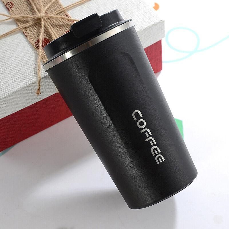 Insulated Coffee Mug Vacuum Travel Cup Thermal Stainless Steel Flask Reusable 380ML - Black