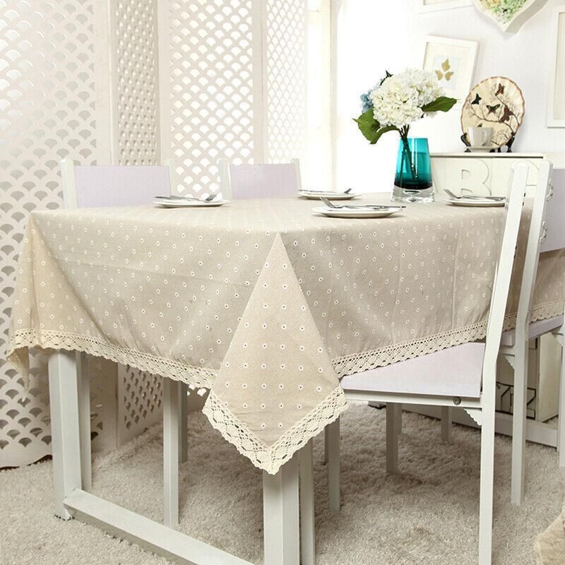 Floral Tablecloth with Lace Edge Cotton Linen Cover for Dining Table Square Rectangle - 90*90CM