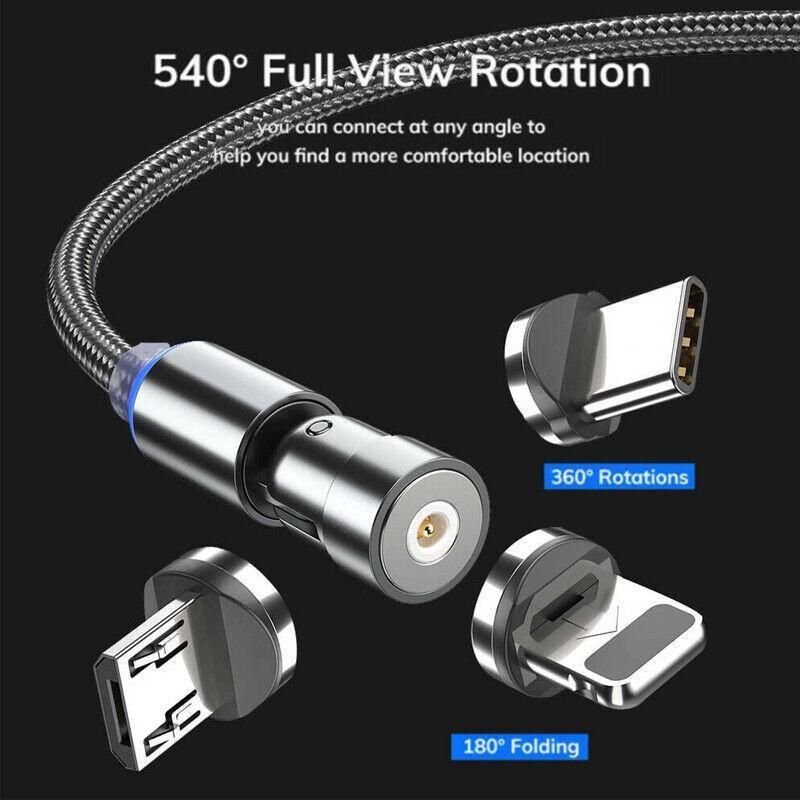 3in1 Fast Charging Cable with Rotating Head for USB C iOS Micro USB Devices - 1M