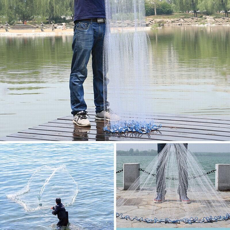 8Ft 12Ft Fishing Cast Net Quick Throw Nylon Mesh Drawstring Chain Bottom Spread - 2.4M