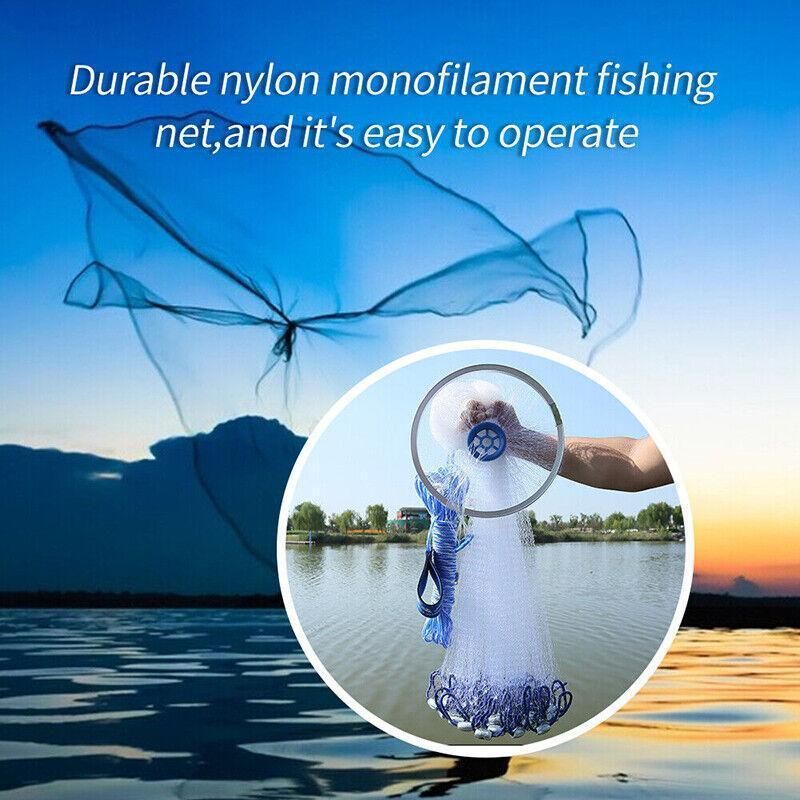 8Ft 12Ft Fishing Cast Net Quick Throw Nylon Mesh Drawstring Chain Bottom Spread - 2.4M