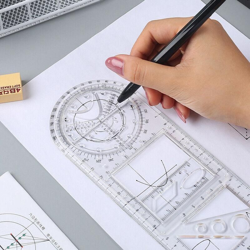 Multifunctional Geometric Ruler Student Mathematics Drawing Tools School Office - Clear-Primary School