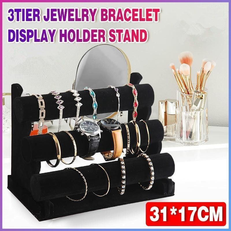 3 Tier Velvet Jewelry Display Stand Bracelet Watch Holder Rack for Countertop Use