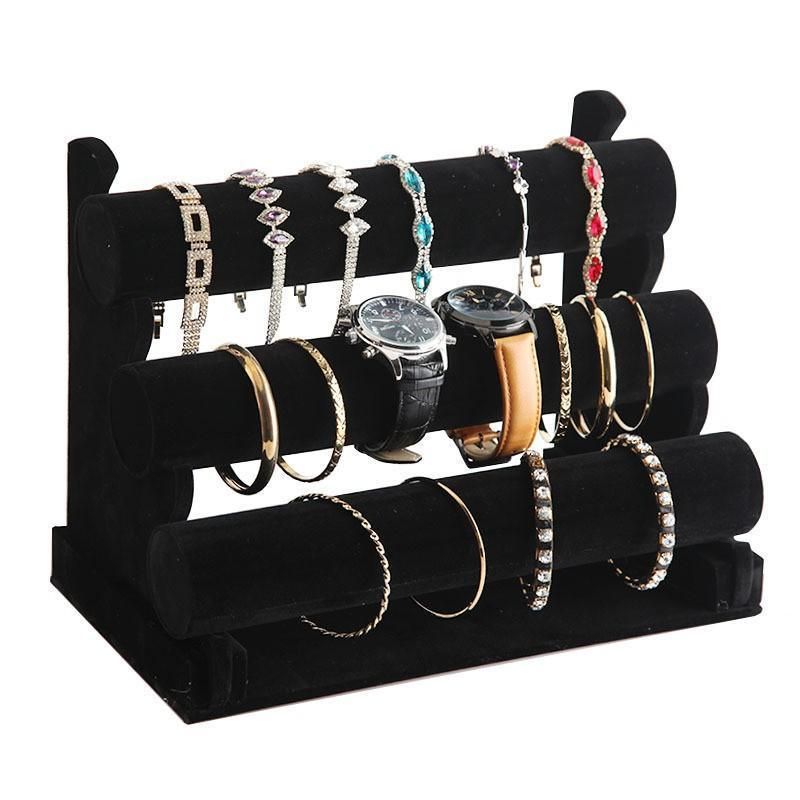 3 Tier Velvet Jewelry Display Stand Bracelet Watch Holder Rack for Countertop Use