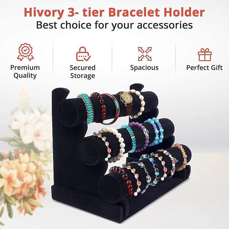 3 Tier Velvet Jewelry Display Stand Bracelet Watch Holder Rack for Countertop Use