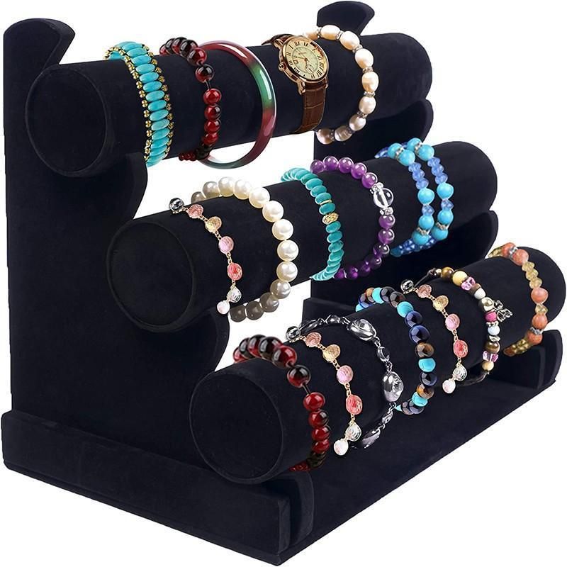 3 Tier Velvet Jewelry Display Stand Bracelet Watch Holder Rack for Countertop Use
