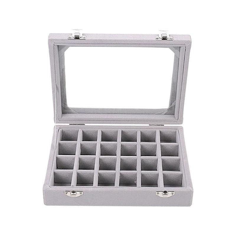 Velvet Jewelry Box Earring Organizer Display Case Storage Holder with 24 Grid - Grey