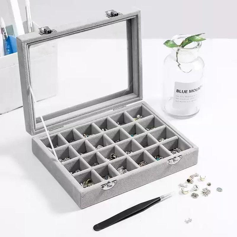 Velvet Jewelry Box Earring Organizer Display Case Storage Holder with 24 Grid - Black