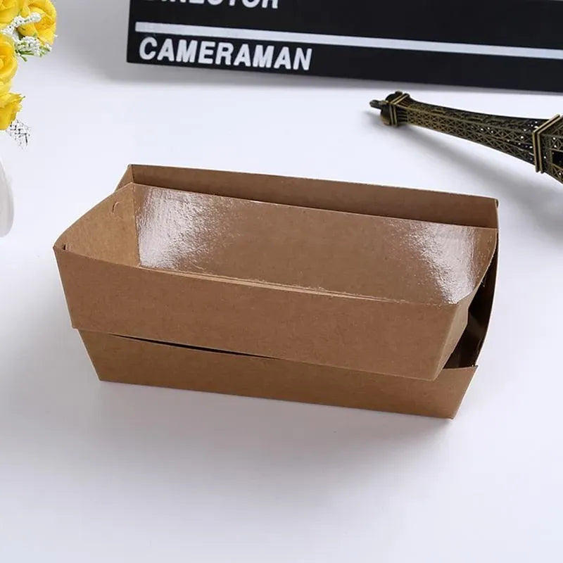 500PCS Kraft Cardboard Food Disposable Tray Brown Party Chips Takeaway Container - 3# 16*11*4cm