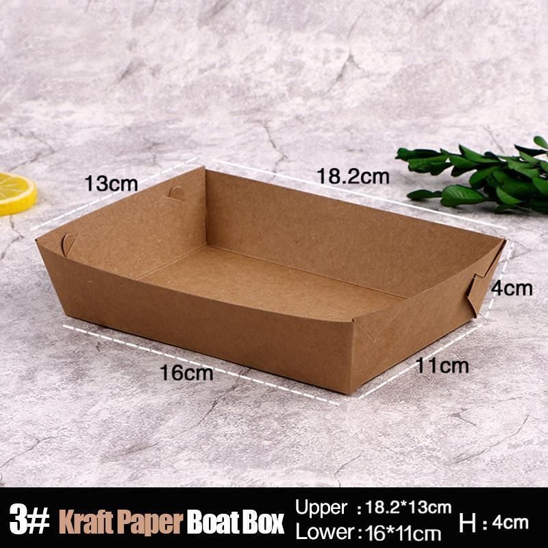 500PCS Kraft Cardboard Food Disposable Tray Brown Party Chips Takeaway Container - 3# 16*11*4cm