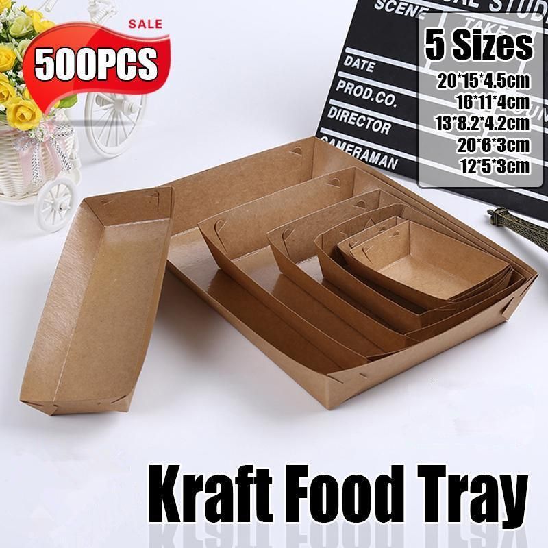 500PCS Kraft Cardboard Food Disposable Tray Brown Party Chips Takeaway Container - 3# 16*11*4cm