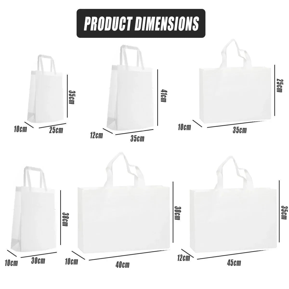 100PCS Reusable Non Woven Shopping Bags Eco Friendly Washable Tote Bags White - 35X25X10CM