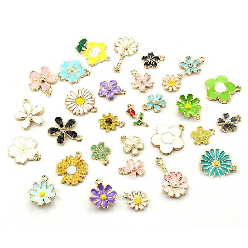 30PCS Assorted Gold Plated Enamel Flower Charms Pendant DIY For Jewelry Making