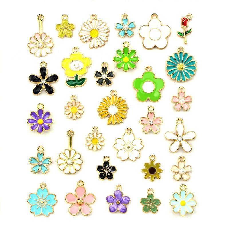 30PCS Assorted Gold Plated Enamel Flower Charms Pendant DIY For Jewelry Making
