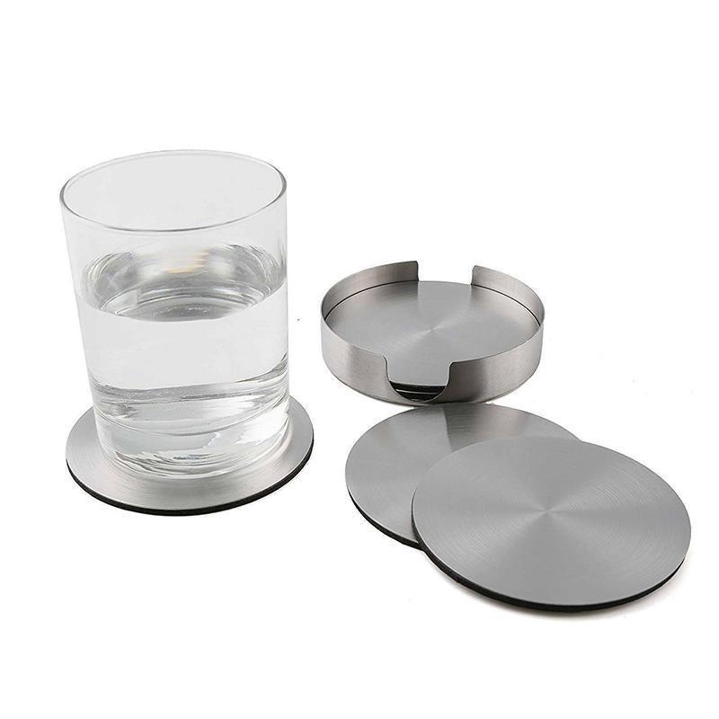 Stainless Steel Drink Coaster Set 6PCS Heat Resistant Cup Pads With Holder