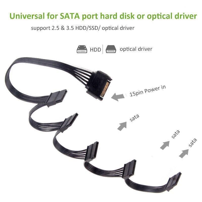 15 Pin SATA Power Splitter Cable 1 Male to 5 Female Adapter for HDD SSD Drives