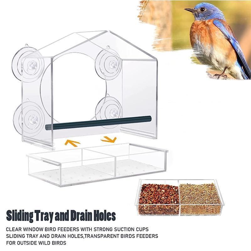 Clear Acrylic Window Bird Feeder with Strong Suction Cups and Removable Seed Tray