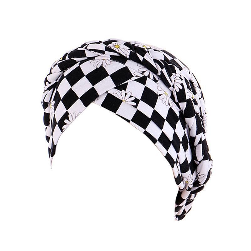 Women Floral Turban Head Wrap Cap Comfortable Chemo Headscarf Headwear - Black and white grid