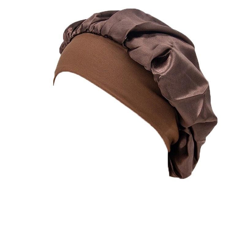 Sleeping Bonnet Hair Wrap Silk Satin Cap Women Elastic Night Soft Hat Headwear - Brown