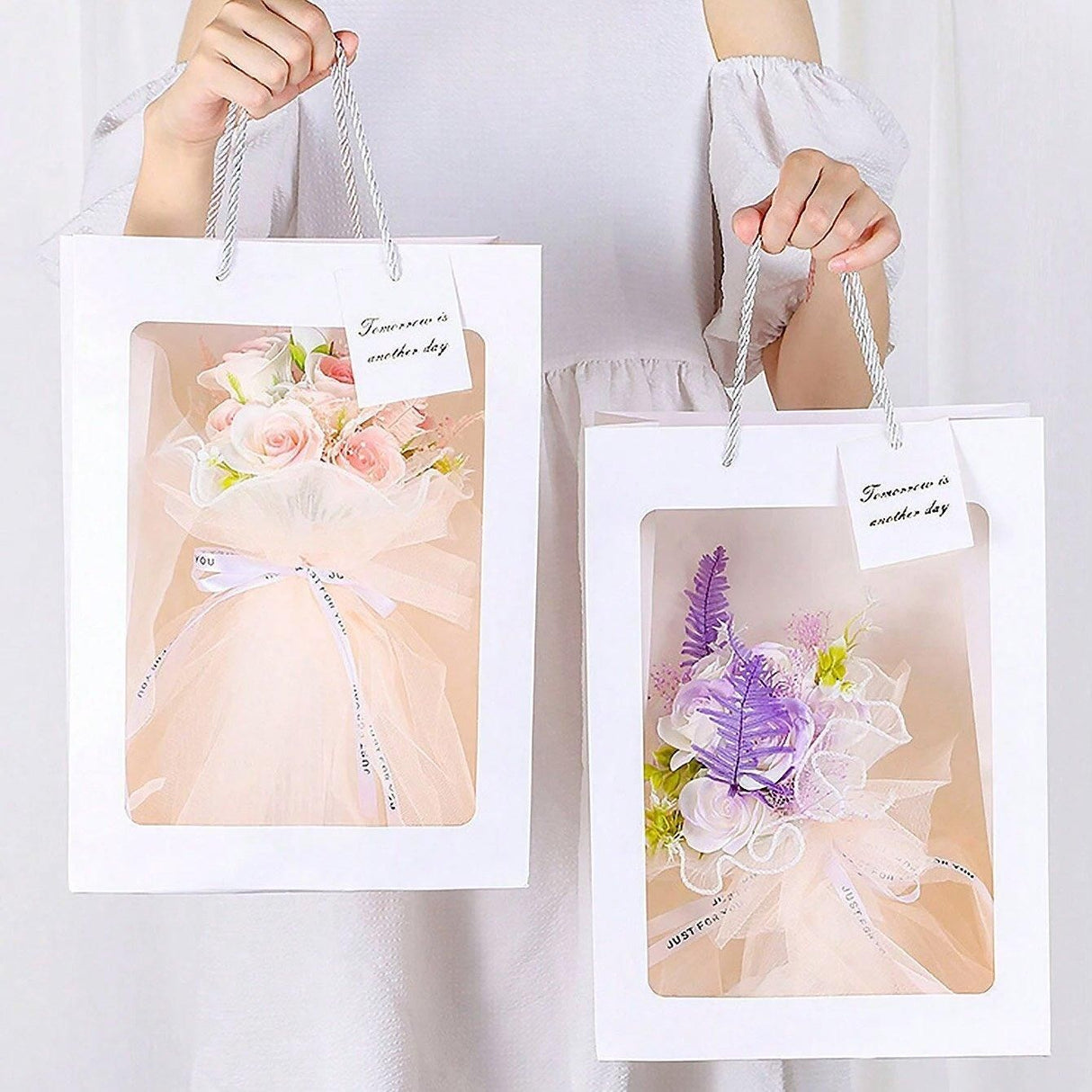 25x Thick Gift Bags with Transparent Window for Valentines Day Bouquets and Gift - Tote-Bag-25pcs-Red-18-13-25cm